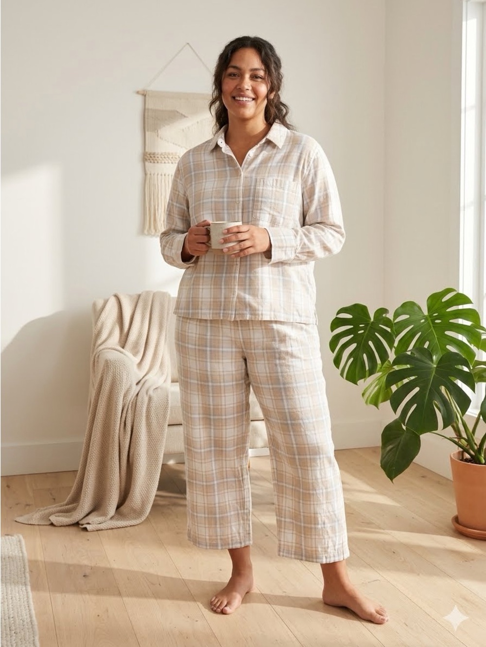 Haven Well Within Organic Cotton Plaid Pajama Set Tan White XL Button Down